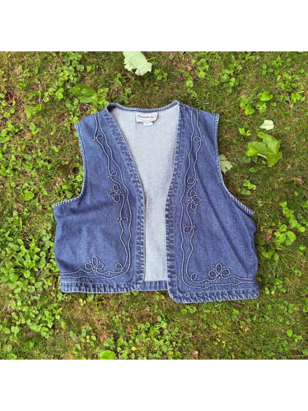 Stonebridge Denim Vest Embroidered Floral Trim XL